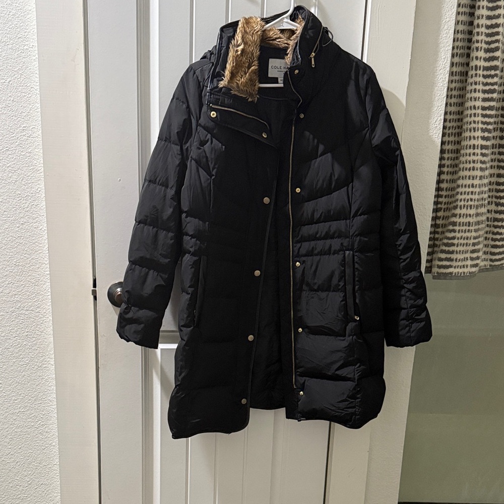 Cole Haan Women's Black Puffer Jacket with Faux Fur Trim
